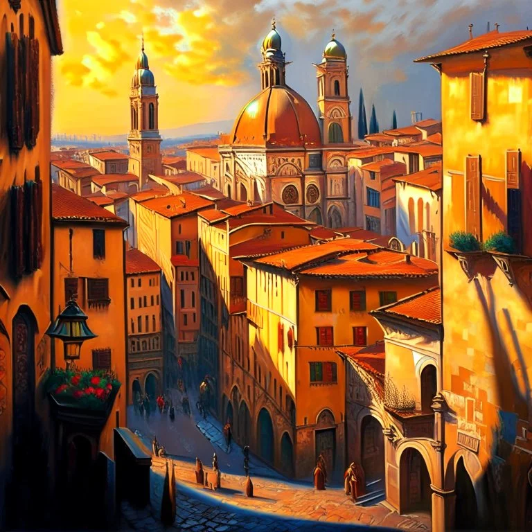 A realistic oil painting of medieval Florence, with intricate details of the architecture and streets, painted in the style of Jan van Eyck and Paul Cézanne, (long shot), warm golden lighting, vibrant colors, historical accuracy.