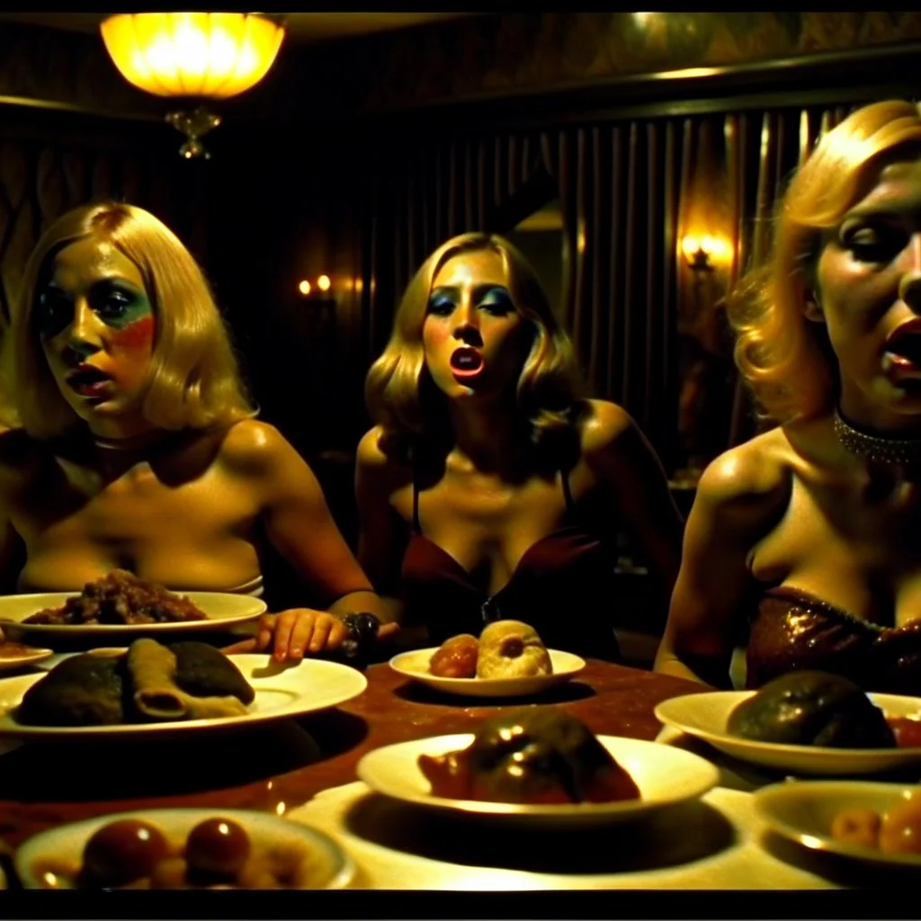 Horror movie shot, spooky, hot, ultra realistic hot dine, ultra realistic hot blonde women, party, pieces of meat, organs, ail, dynamic, very excited people, hypermaximalist figures, light, 1970's Italian horror movie, sinister,, Dario Argento, Stanley Kubrik, ornate, 4k, photorealism