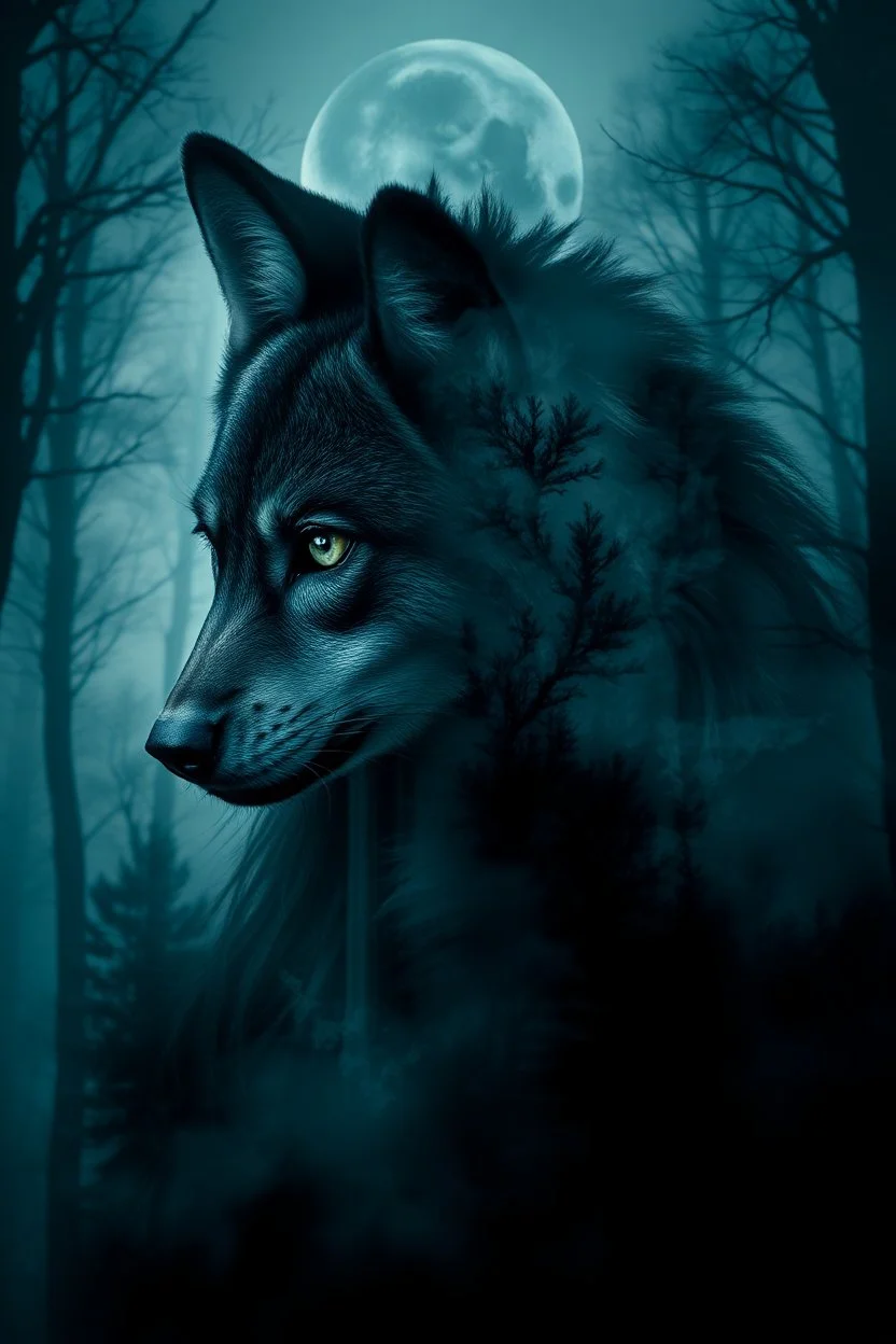 double exposure stunning mystic woman-wolf hybrid portait, forest, moon, smoke, ultra-high detailed, deep dark colors, dark fantasy, intricate detail, cinematic, masterpiece, sharp focus, dark ethereal fantasy, hyperdetailed, atmospheric , dark surreal fantasy