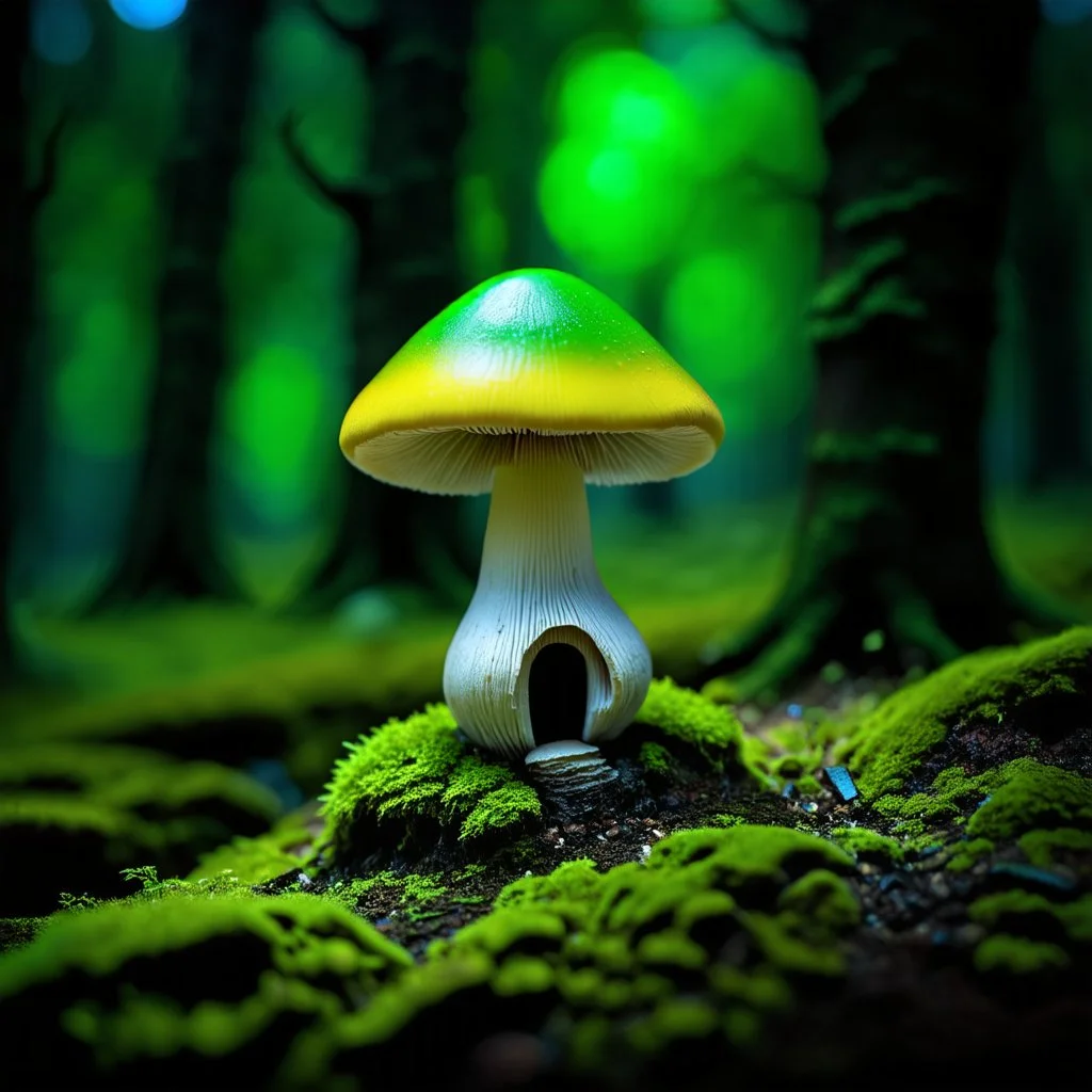 "Close up of a wonderful tiny Mushroom Tower home. green and yellow with bright white, deep black and contrasting tones of gray. Illuminated bioluminescent forest. Professional painter, master at composition. small but detailed. broken, blurred background, voluminous lighting"