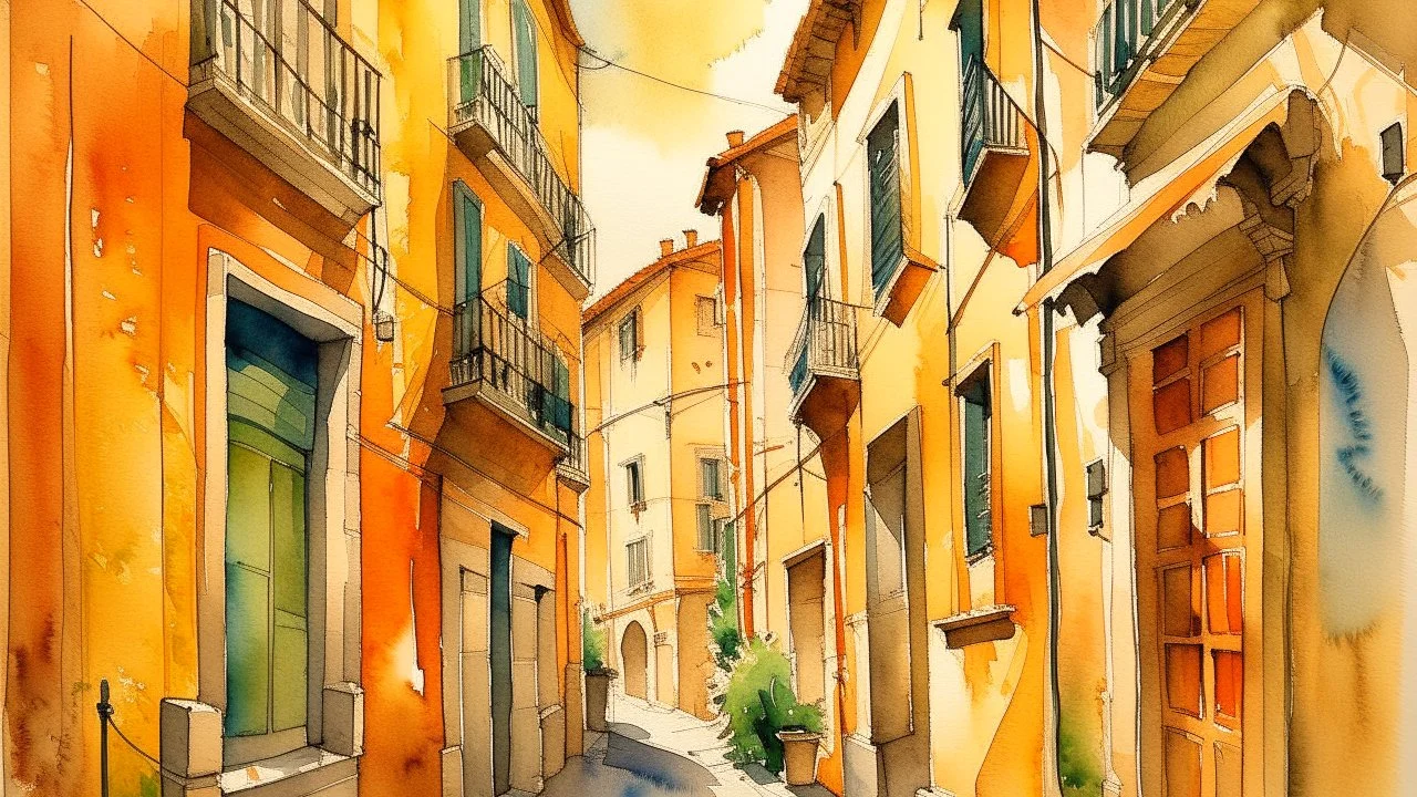Watercolor painting of a narrow street in an old European city, with buildings on both sides, painted in a loose, expressive style with visible brushstrokes and a slightly blurred effect. The buildings are tall and close together, with a variety of architectural details such as windows, balconies, and awnings. The colors are warm and muted, with shades of orange, yellow, and brown dominating the scene. The street is wet, reflecting the light and colors of the buildings. Several scooters are park