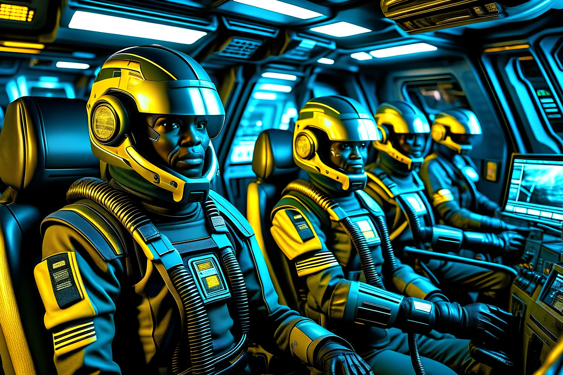 tight shot of co-pilots in starlet security squadron fighter cockpit. lots of camouflaged detail. ye olde android laser rebellion of occipiton-5 on planet besoqules galactic star squadron 9-4-c matltranack delta. world class cinematic special effects cgi airbrushed landscapes. still shot. in plain sight under the collective nose of entire global population. coherent.