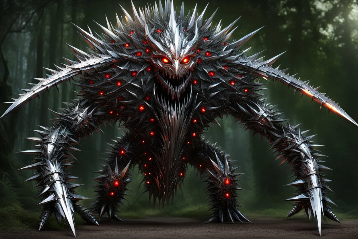 Humanoid creature made entirely of chrome spikes and blades and thorns. It's eyes are glowing red gems.