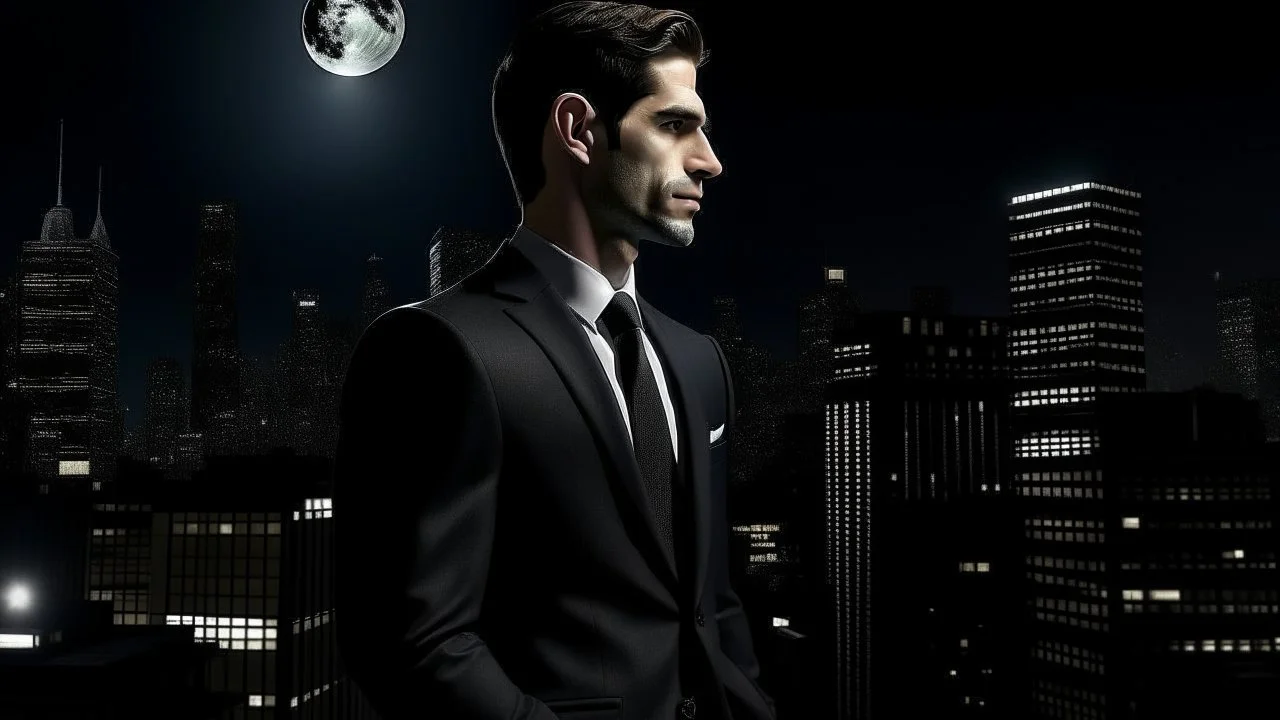 A man in a suit standing in front of a cityscape at night, with a full moon in the sky and tall buildings in the background