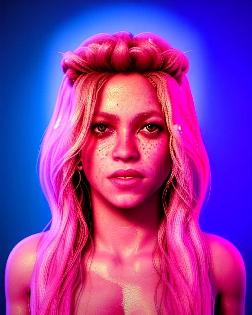 portrait, Shakira, blonde artist, Realistic image, drinking a strawberry milkshake, pink line make-up, sweat, fog, goddess style, Neon colors, leds. Color background, photo studio, concept art, smooth, unreal engine 5, god lights, ray tracing, RTX, lumen lighting, ultra detail, volumetric lighting, 3d, finely drawn, high definition, 4k.