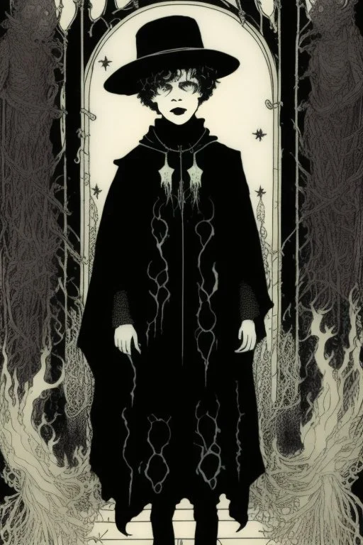 7 year old boy, necromancer, friendly, looks dead, surrounded by weird smoke with eyes, wearing black robes, in the style of Harry Clarke