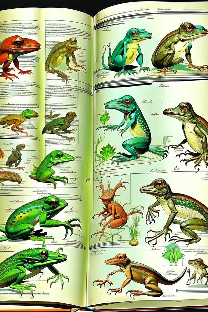 different variations of amphibians montage science book style