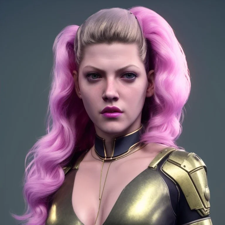 Actress, young Katheryn Winnick, android woman, gold tees, circuits in face, glow painted face, shaved hair, ghost in the shell, leather coat, elastic bodysuit, cyber punk, neon, army, bamboo, blood, portrait, gradient color background, unreal engine 5, soft color, 16 bit, god lights, ray tracing, RTX, lumen lighting, ultra deatail, volumetric lighting, 3d, finely drawn, hd.