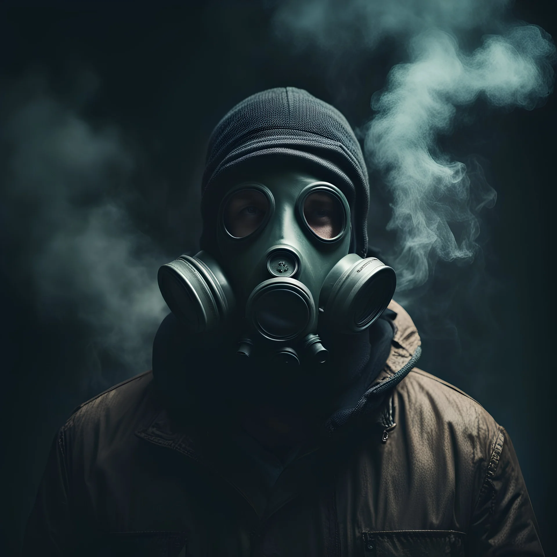 a man with gas mask, cinematic, dark, 4k