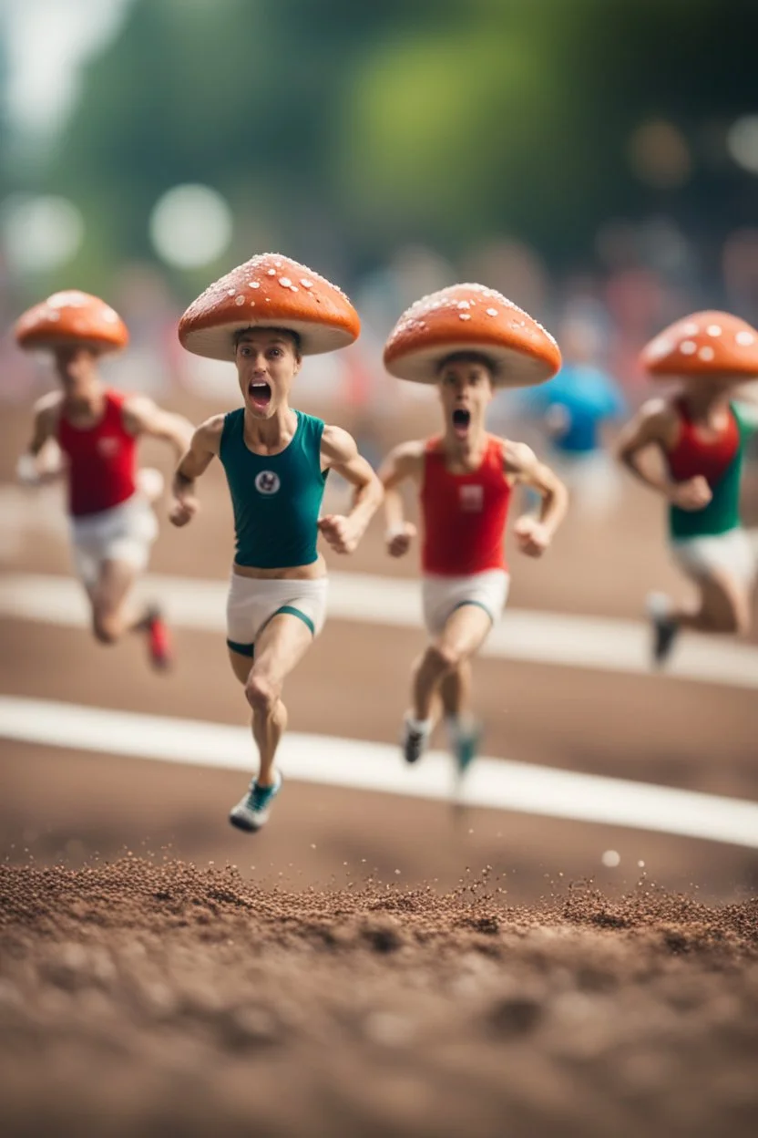 mushroom men running 100 meter in the Olympics ,bokeh like f/0.8, tilt-shift lens 8k