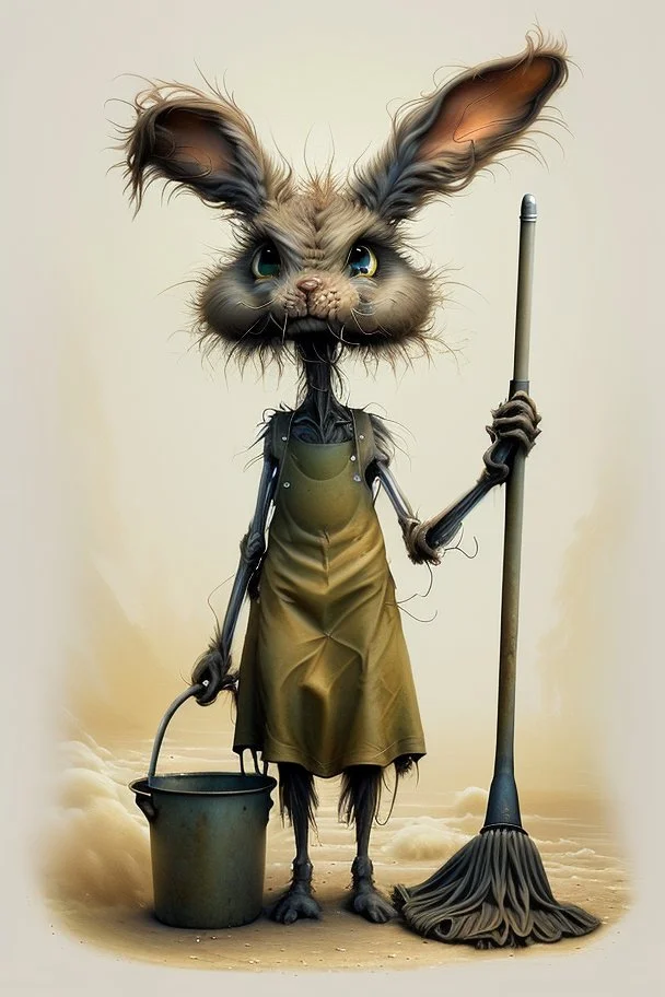artist Jean-Baptiste Monge style. a unhappy, disgruntled biomorph tall lanky skinny fuzz-headed old dust bunny. skinny arms, legs and body. covered all over in bits of dust and dirt. blue eyes. A yellow dotted green raggedy apron. holding a mop and pail. standing in a cloud of dust. large bits of dirt flying around his head. In Style of Tim Burton