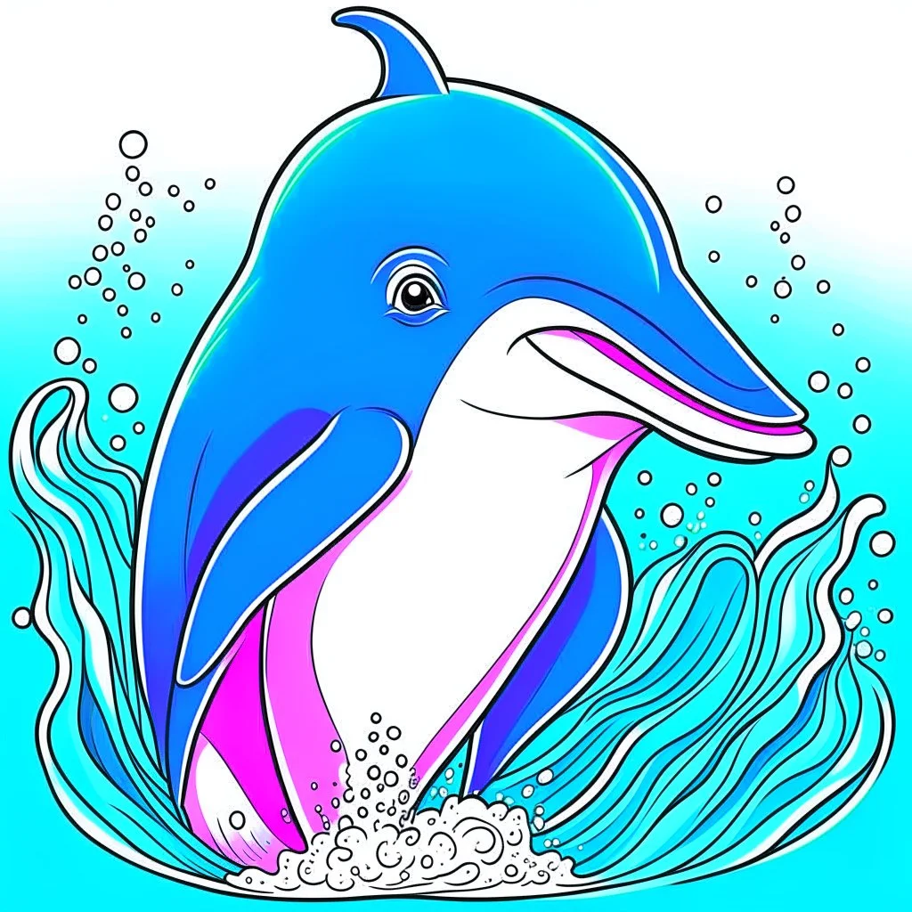 a cute illustration of a Dolphin, detailed, using three colors blue. ocean background.