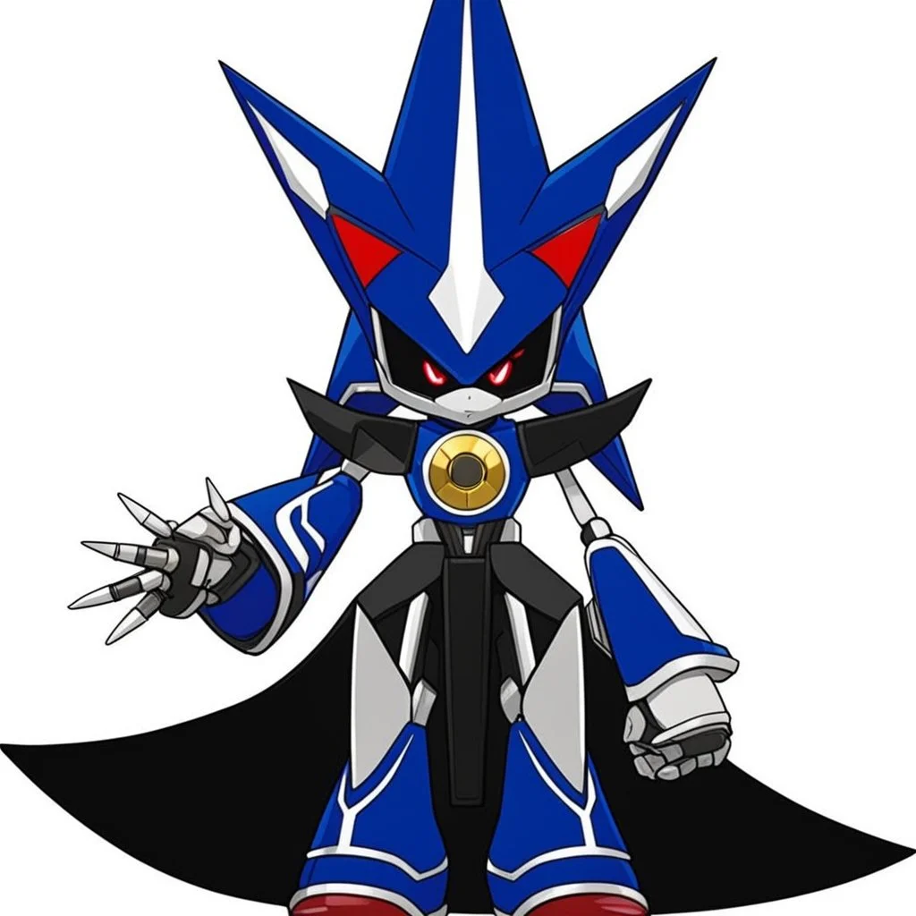 A sleek robotic warrior blending Neo Metal Sonic and Mega Man Zero. The design features Zero's red color scheme, with gold accents on shoulders, chest, and gauntlets, plus white highlights on the limbs. The aerodynamic body combines Neo Metal Sonic's sharp, angular edges with Zero's humanoid proportions. A glowing green plasma saber is held in one hand, while an energy cannon adorns the other. The helmet merges Zero’s crest and gem centerpiece with Neo Metal Sonic's spiked crown.