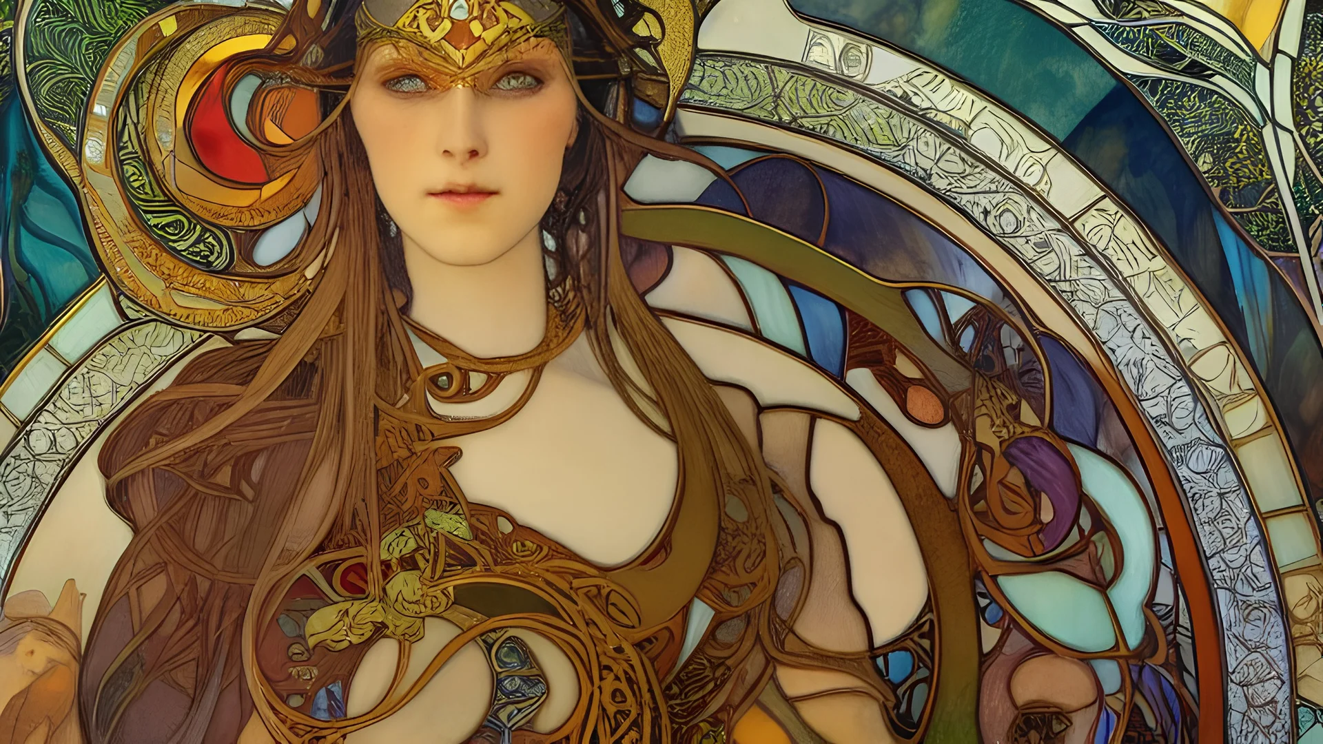 art by Alfons Mucha and Patrick Woodroffe, stained glass motif, bilateral symmetry, Ouroboros, infinity symbol, mystical, mechanistic, metaphysical, serpentine, cosmic, nebula, HD 4K, sharp detail, photo-realistic, octane rendering, award winning photography, cinematic lighting