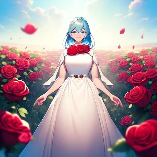 gorgeous anime girl wearing a yellow and white dress ,standing in a meadow of flowers, spreading rose pedals on the ground. beautiful eyes and a stunning smile, blue eyes, two blue eyes, perfect nose and rosy cheeks and red lips