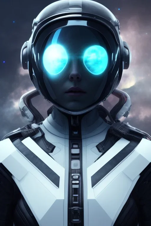 Black intergalactic pilot AnnaSophia Robb, portrait, bright white eyes, wearing high tech pilot helmet, beautiful face, white smoke, dark, rage, sorrow, high definition, ultra 8 k, volumetric lighting, blue fire, fog