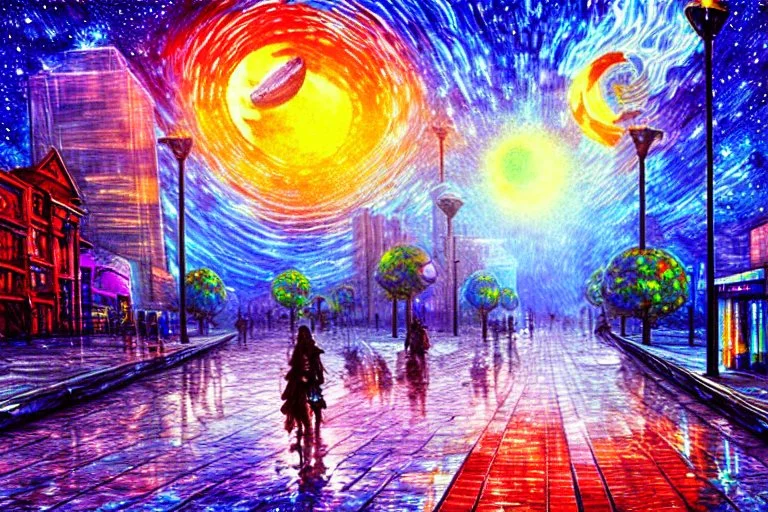 Epic futuristic street, exoplanet in the sky, impressionism painting