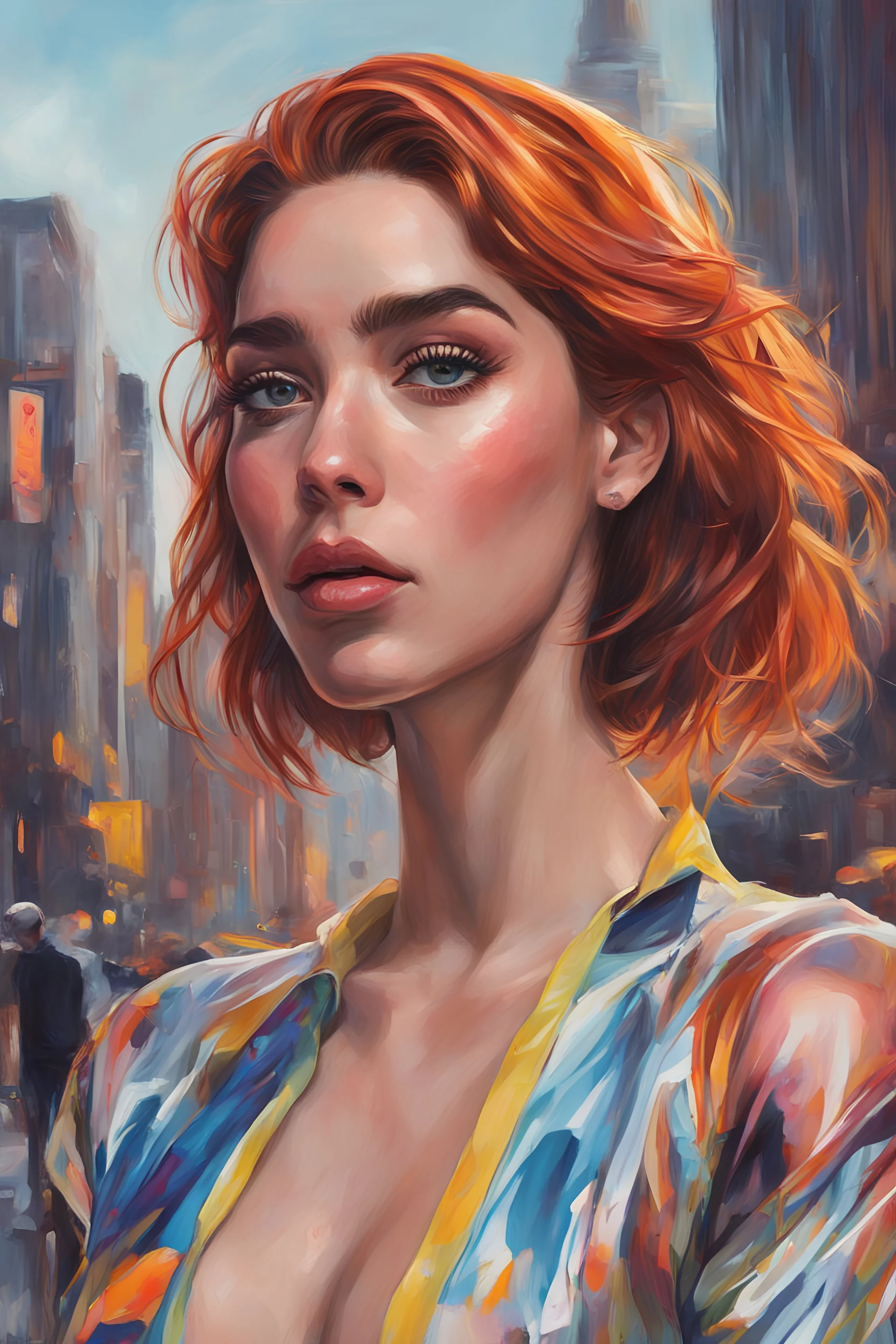 girl Ginger hair Dua Lipa Harley render eye candy oil paiting In depth New York City detailed render eye candy breathtaking Greg Rutkowski, Artgerm, WLOP, Alphonse Much style erect bombshells Pop Art psychology oil paiting In depth psychology display in the background