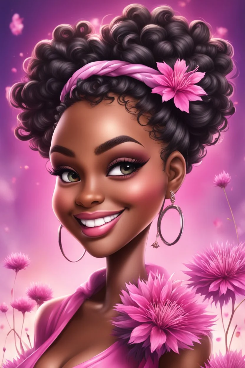 Create a airbrush cartoon art style image of a curvy black female looking down with a smile on her face. Prominent makeup with hazel eyes. Highly detailed messy curly bun with a hair scarf on her head with large pink knapweed flowers surrounding her. 2k