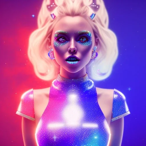 Smiling happy galactic girl, glitter blue and white dress with jewels, blond hair, blue eyes, pink glossy lips, cinematic lights, HQ, 4k, high details