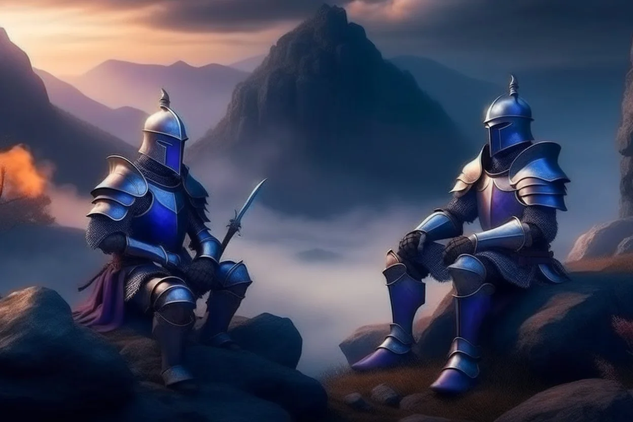 two medieval knights in armor sitting near rocks and smoking while looking at distant mountains with purple and blue distant mist and glowing mushrooms and plants around the soldiers