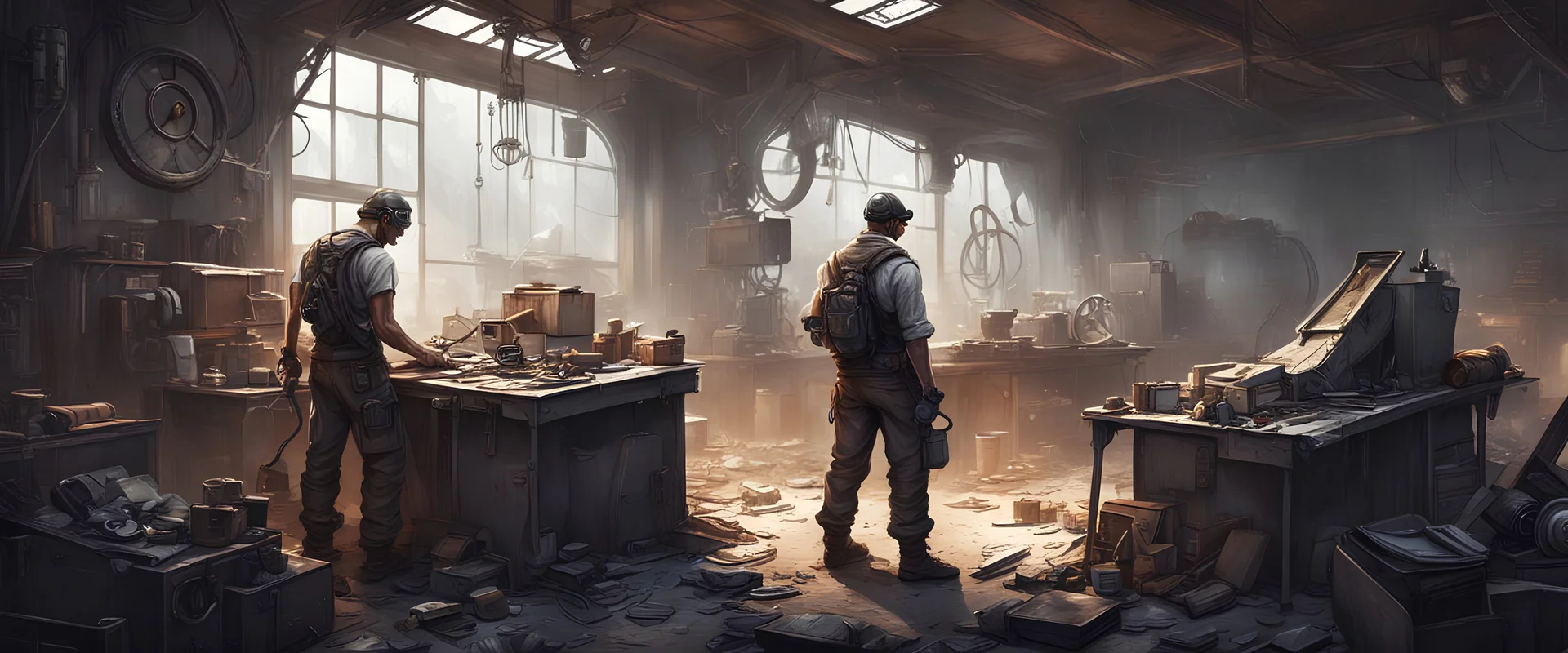 engineer working in a workshop, post-apocalyptic, concept art