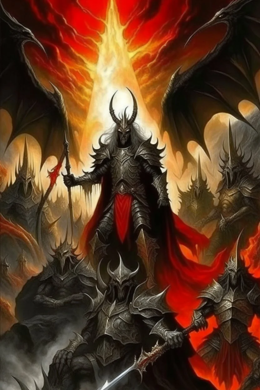 The war of angels and demons in heaven Sauron, the lord of darkness, with the devil and his army, in the land of destruction