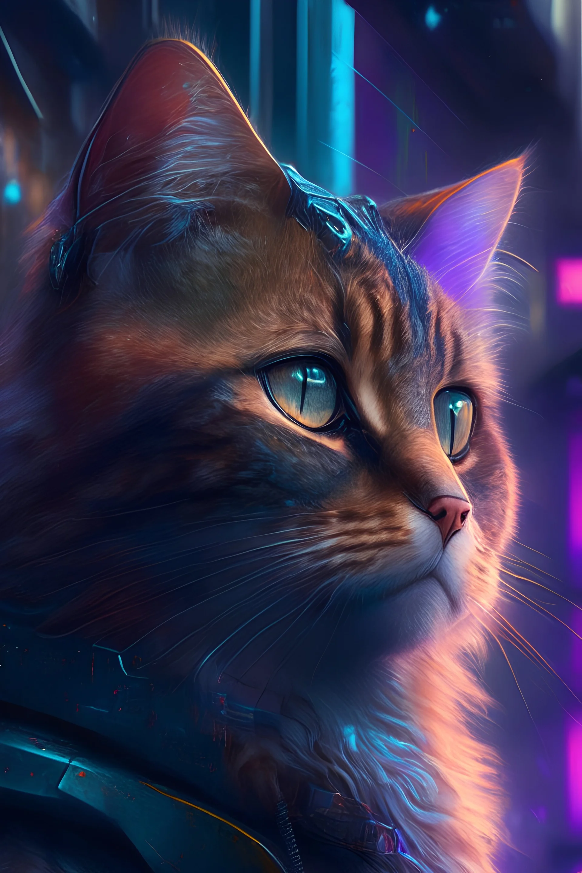 A photorealistic painting of a cat in a cyberpunk setting
