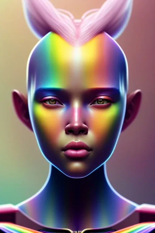 girl, cute, beautiful, shaved head, soft pastel rainbow hair, rainbow dress,robotic, african factions close up portrait by Greg Rutkowski