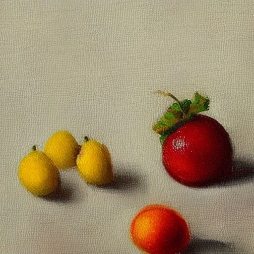 tiny oil painting of tiny fruit still life, plain white background, solid white background, tiny white canvas, tiny white frame, melancholy, tender, moody, vintage, delicate arrangement, beautiful composition, etsy, aesthetic layout, plain solid white background