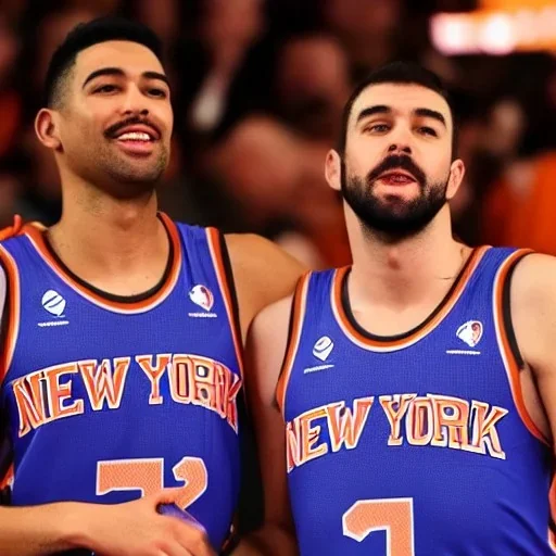 three Australian men kissing eachother in New york Knicks jerseys