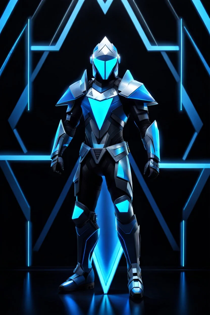 neon blue, floating triangle of light on the back, cyber armor, geometric patterns on armor, male, orbiting triangle