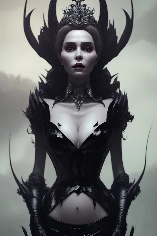 Constance Langdon as evil queen in black leather, leather, busty, cleavage, angry, stern look. character design by cory loftis, fenghua zhong, ryohei hase, ismail inceoglu and ruan jia. unreal engine 5, artistic lighting, highly detailed, photorealistic, fantasy