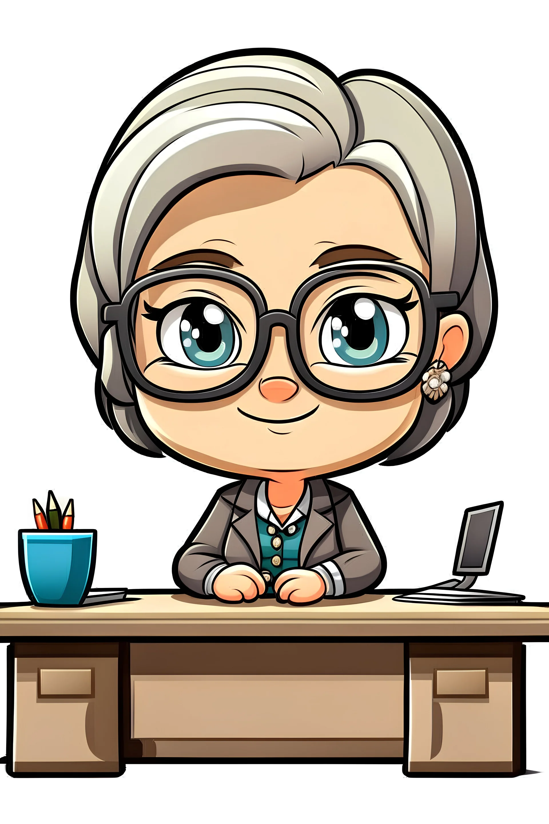 mature looking chibi woman with glasses sitting behind a desk