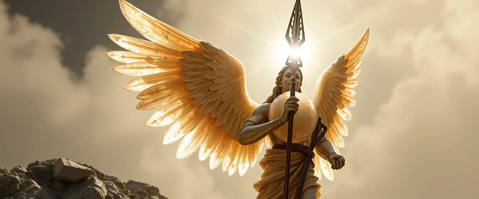 somewhat ancient angel soldier holding up a radiant Painite spear seen through sears crystal rosette ball