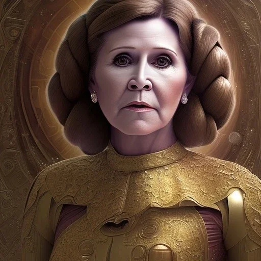 hyperspace background, complete and photo realistic detailed head to waist stunning photo realistic portrait of carrie fisher as Princess Leia in star wars with photo realistic updo hair by Mandy Jurgens and mucha and Richard Schmid and chuck close and chie yoshii, extraordinary and detailed ceremony dress of star wars,brown eyes