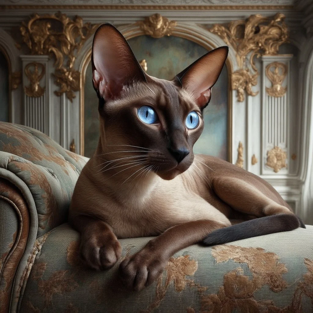 an Oriental shorthair chocolate point Siamese cat with blue eyes lies on an old couch with his head on the armrest staring into space. A beautiful baroque wall in the background, hyperrealistic, a product photo.