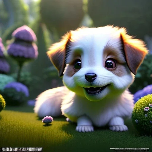 pixar style, volumetric garden environment and background, realistic painting of a cute midget puppy laying on the ground, looking excited, detailed digital painting, extreme dense and fine fur, anime, ornate, colour-washed colors, elegant, small minutiae, tiny features, particulars, centered, smooth, sharp focus, renderman gofur render, 8k, uhd, detailed eyes, realistic shaded volumetric lighting, sunlight caustics, backlight, centered camera view