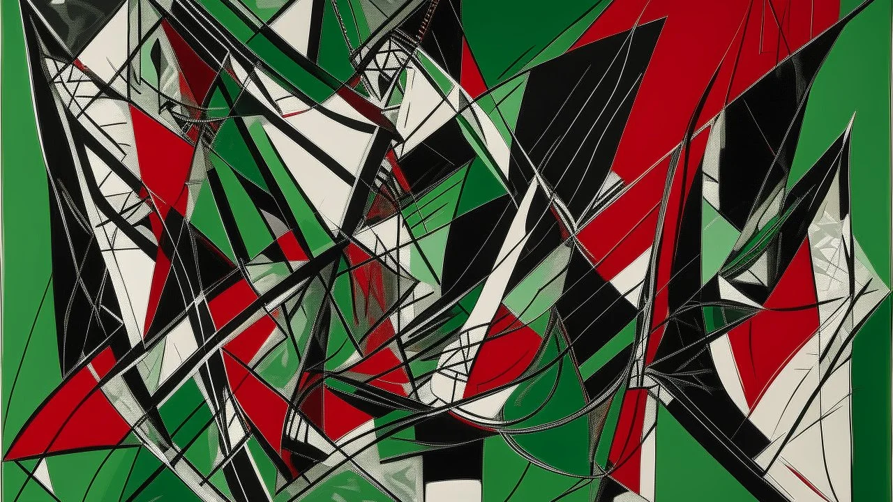 An abstract, geometric composition features bold black shapes outlined in white against a textured, mottled green background. Thin, dark red lines intersect the scene diagonally from the upper right to the lower left, adding a dynamic element. The shapes are angular and curved, suggesting a sense of movement and depth.