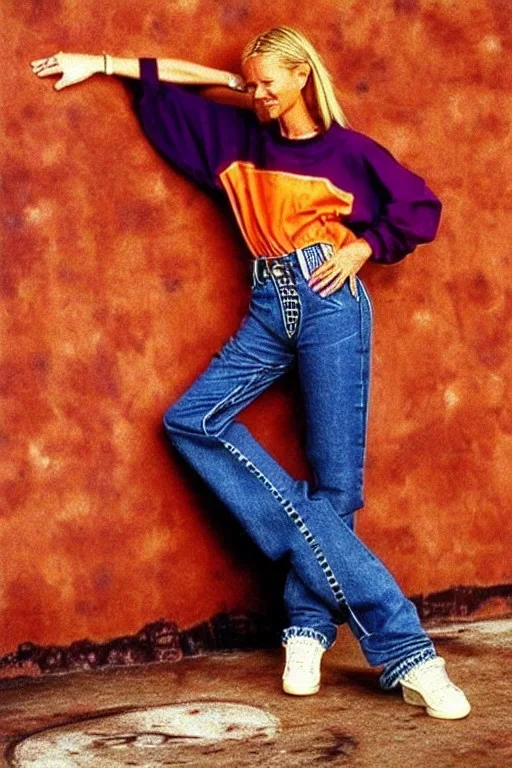 year 1996 denim fashion. Loose fit, low waist, baggy. Colors: denim blue, blue, purple, khaki, light green, lilac, plum, orange, terracotta, red, pink, dark blue, beige. Women models. Patterns: cheetah, balls, stripes.Jennifer Lopez, Gwyneth Paltrow, . Big tennis shoes on.