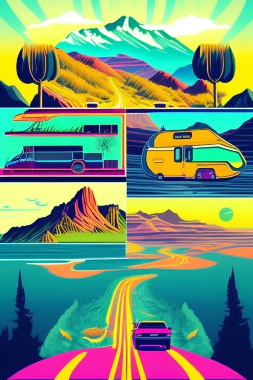 "Design a captivating vector graphic of a road trip in a motorhome. Picture the motorhome cruising on an open road with scenic landscapes. Emphasize the sense of adventure, freedom, and exploration. Use vibrant colors and intricate details to capture the essence of the journey."