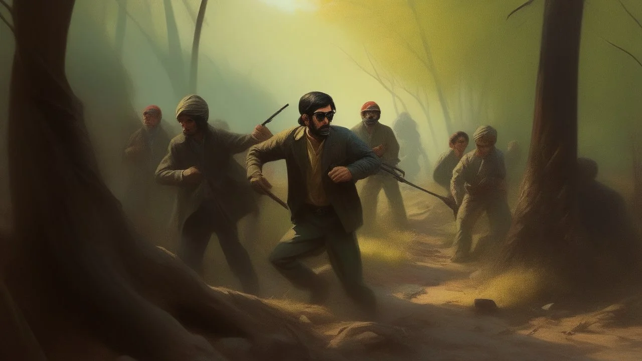 takistan life, action scene fighting mob oil painting. dr arab cover 1970, far perspective dnd style. sunglasses. woods mist.