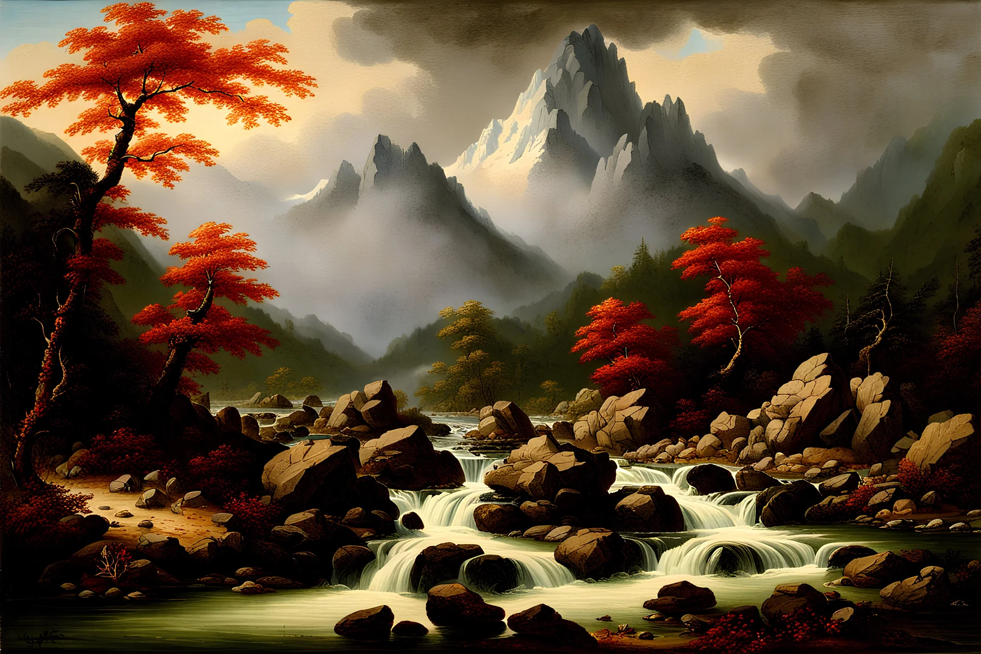 This painting is a landscape painting with towering peaks in the distance, with a precipitous mountain and a cloud shrouded in a cloud on the summit. At the foot of the mountain is a clear stream that flows out of the mountain stream, passing dead leaves and exposed stones, making a faint rumbling sound. Along the sides of the stream, there is a tree-lined forest where some small animals forage and play under the trees. The sky in the picture is clear and seems to have a glow. The whole painting