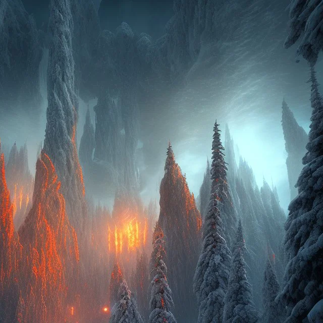 dynamic lighting, Intricately detailed, deep color, Unreal Engine, volumetric lighting, Hell landscape, Hell concept art, Hell fantasy artwork, Mountains, nightsky, winter trees, orange, red, nebulae,