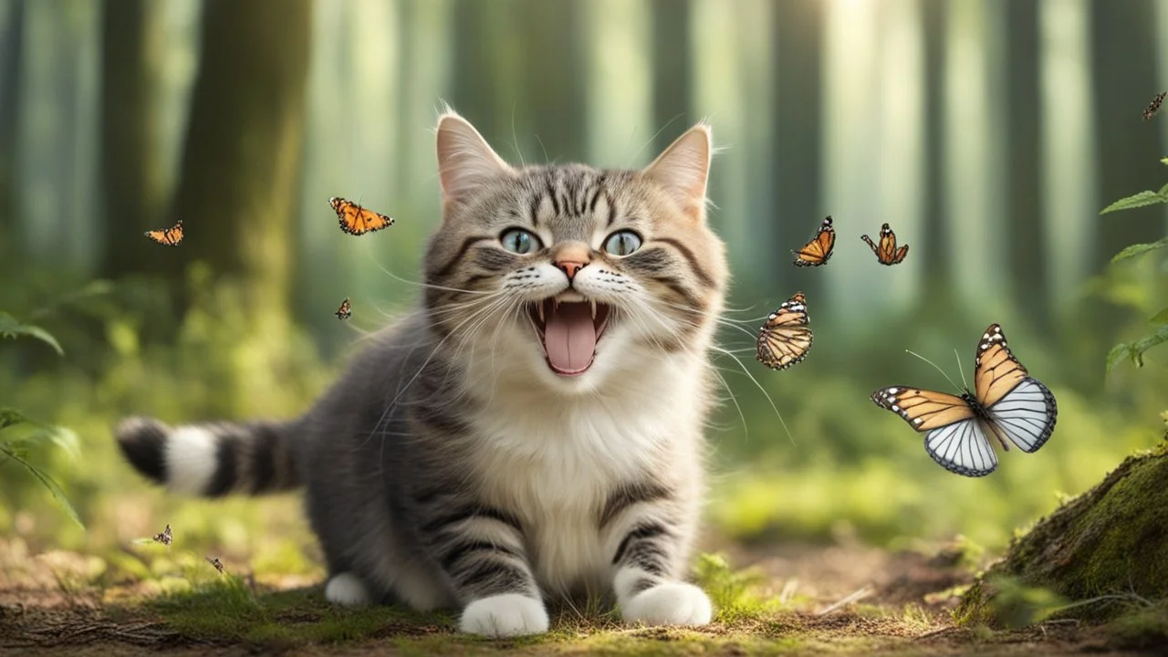 laughing cat in the forest playing with butterfly