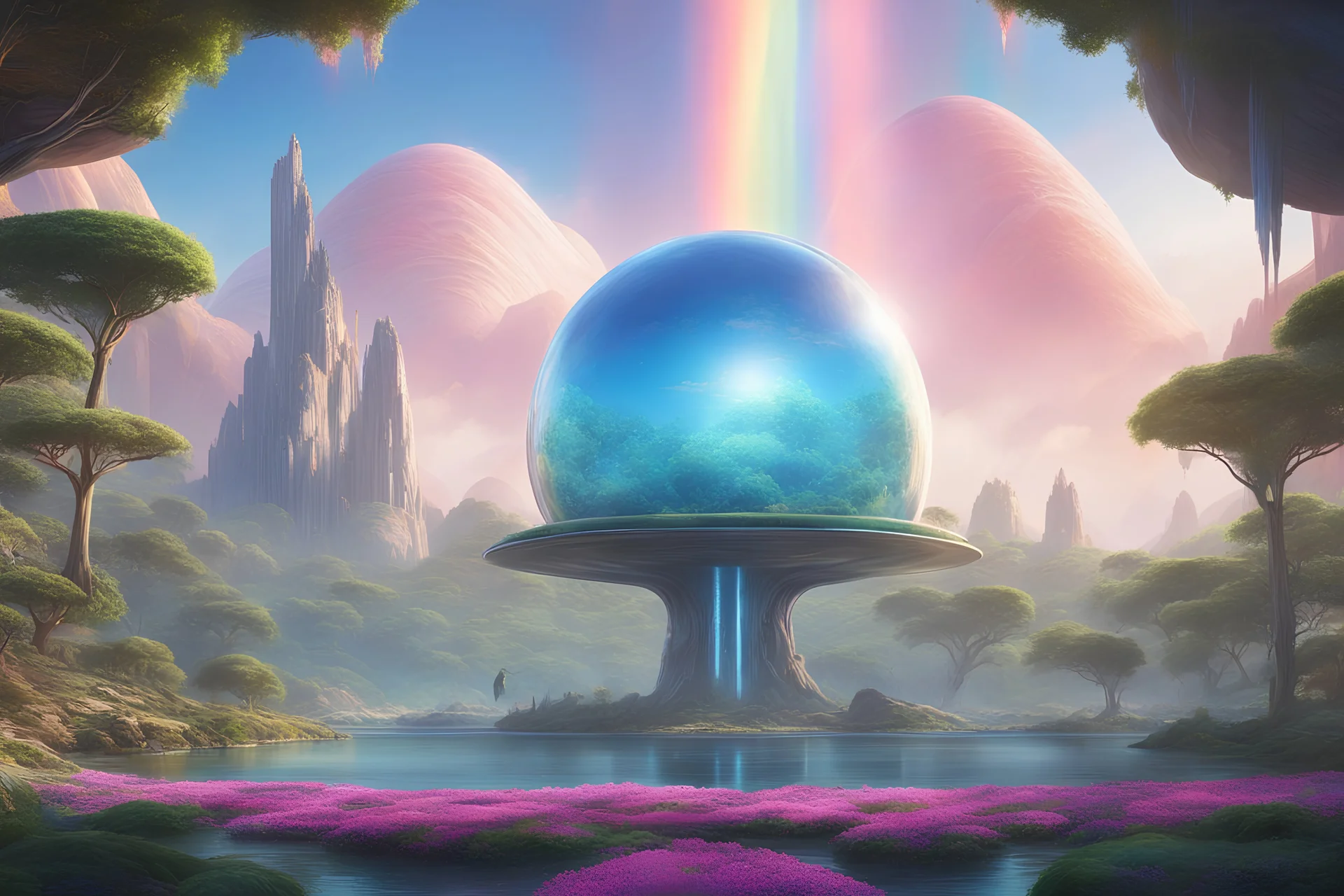 coming from space, blue and pink lights, sunny atmosphere, concept art, extremely sharp detail, futuristic crystal dome on another planet, green plants, flowers, big trees blue sky, rainbow, birds, big flowers, waterfall, finely tuned detail, cinematic smooth, intricate detail, futuristic style ultra high definition, 8 k, (intricate details, masterpiece, best quality:1.4) ,