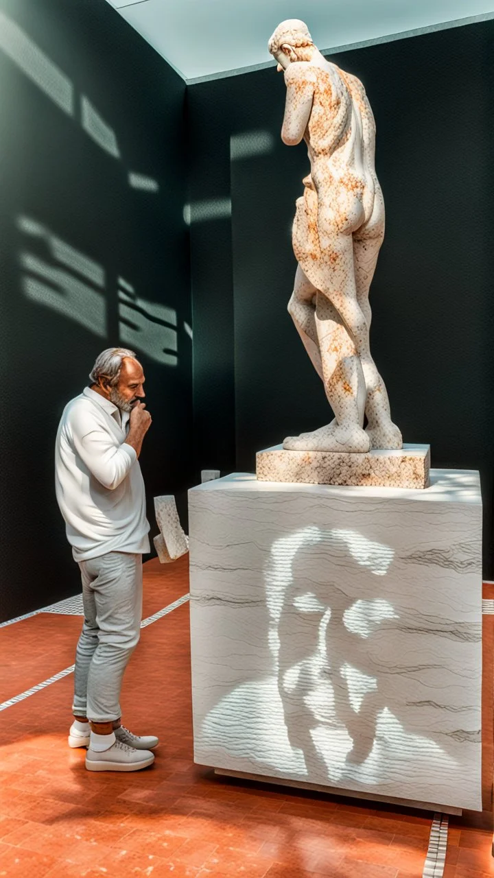 Contemporany Greek sculpture in Portuguese natural stone, marble, Shot on Canon EOS R5, 50mm lens, depth of field, shutter speed 1/ 1000, f/ 2. 8, white balance, 6000k. High resolution, realistic details, HDR efects, film grain, 8K. -–ar 2:3