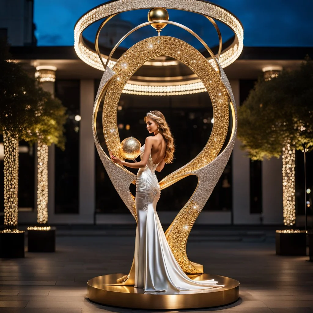 A magnificent golden and silver heart-shaped sign adorned with a stunning golden sphere encrusted with sparkling diamond clusters at its center, elegantly spinning in position,a girl statue standing pose