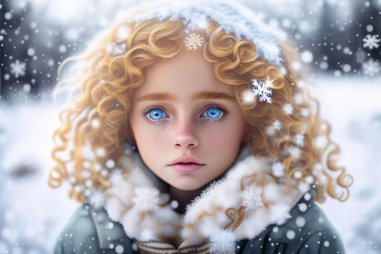 Lonely orphan with big innocent eyes and curly blonde hair and snowflakes in her hair. Lots of big snowflakes. Snowy landscape.