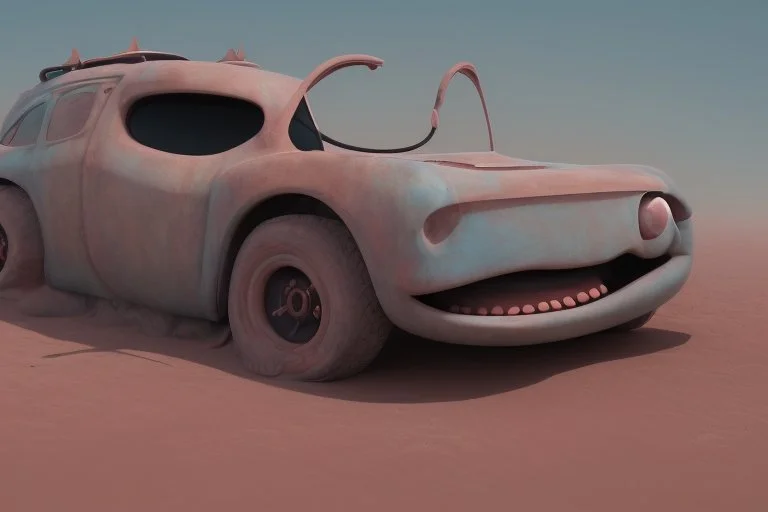 whimsical cartoon car with big eyes and its front grill forming a friendly smile